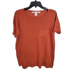Max Studio Orange Linen Blend High-Low Hem Short Sleeve Top Women's Size Medium